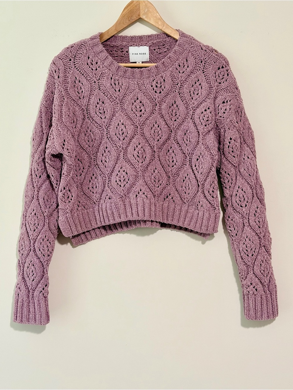 Pink Rose Lilac Purple Openwork Cable Crewneck Cropped Sweater